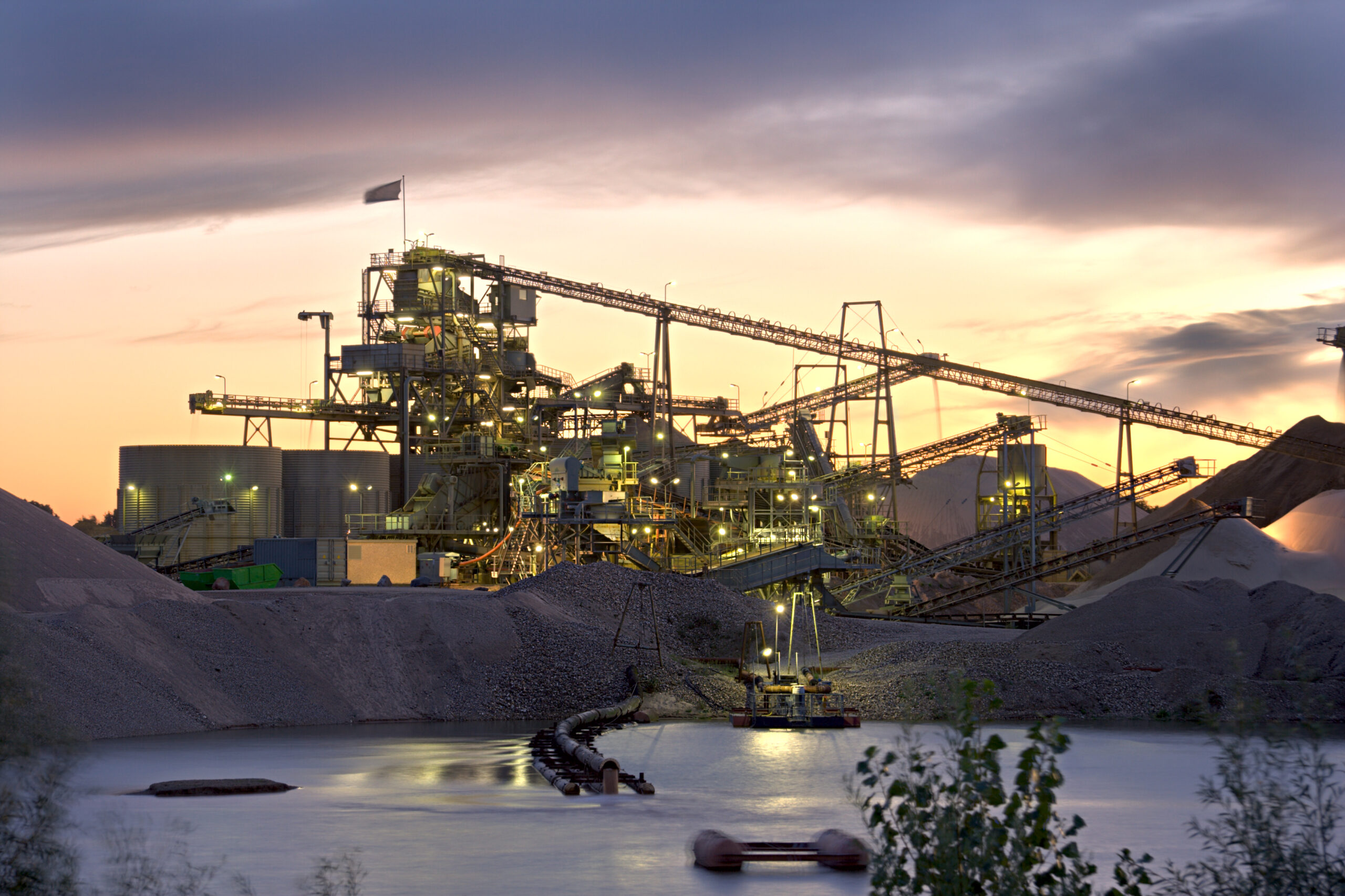 A gravel plant at sunset.